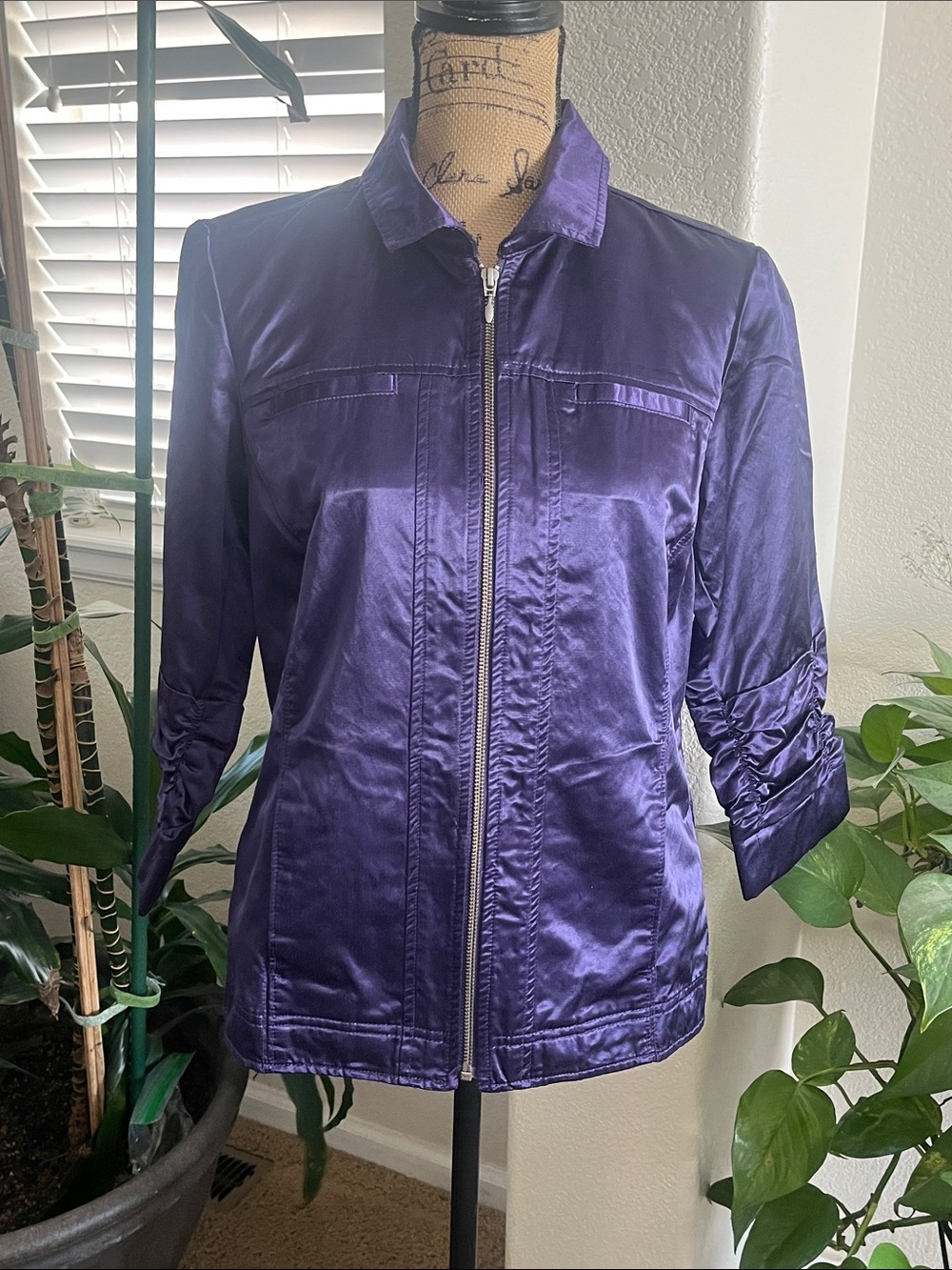 Chico's Deep Purple Satin Zip Utility Jacket